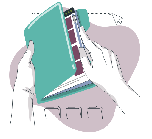 Illustration d'une femme sur son téléphone devant un grand dossier ouvert